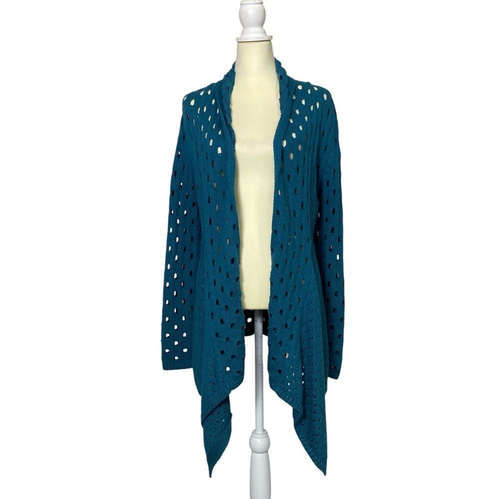 Pure Handknit 100% Cotton Open Knit Teal Asymmetrical Cardigan Women's Size S/M